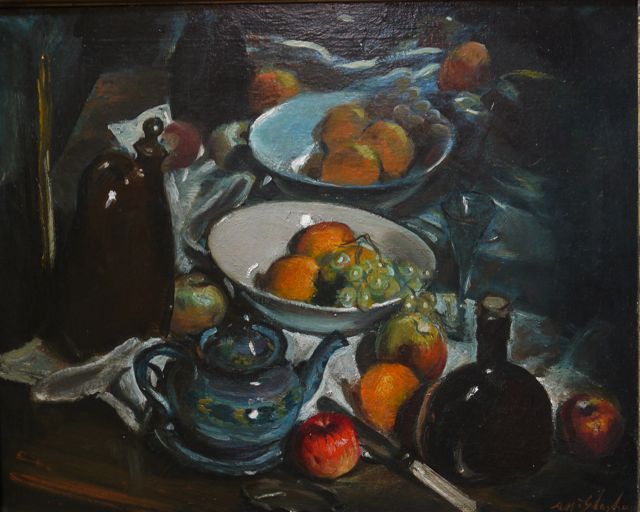 Still life with Fruit, Crockery, Silver and a Mirror