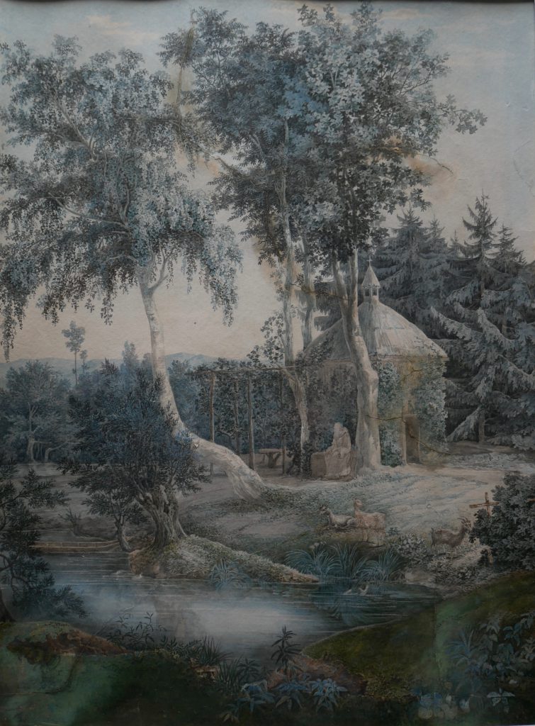 Classical Landscape with Hermit and Goat by a wooden building